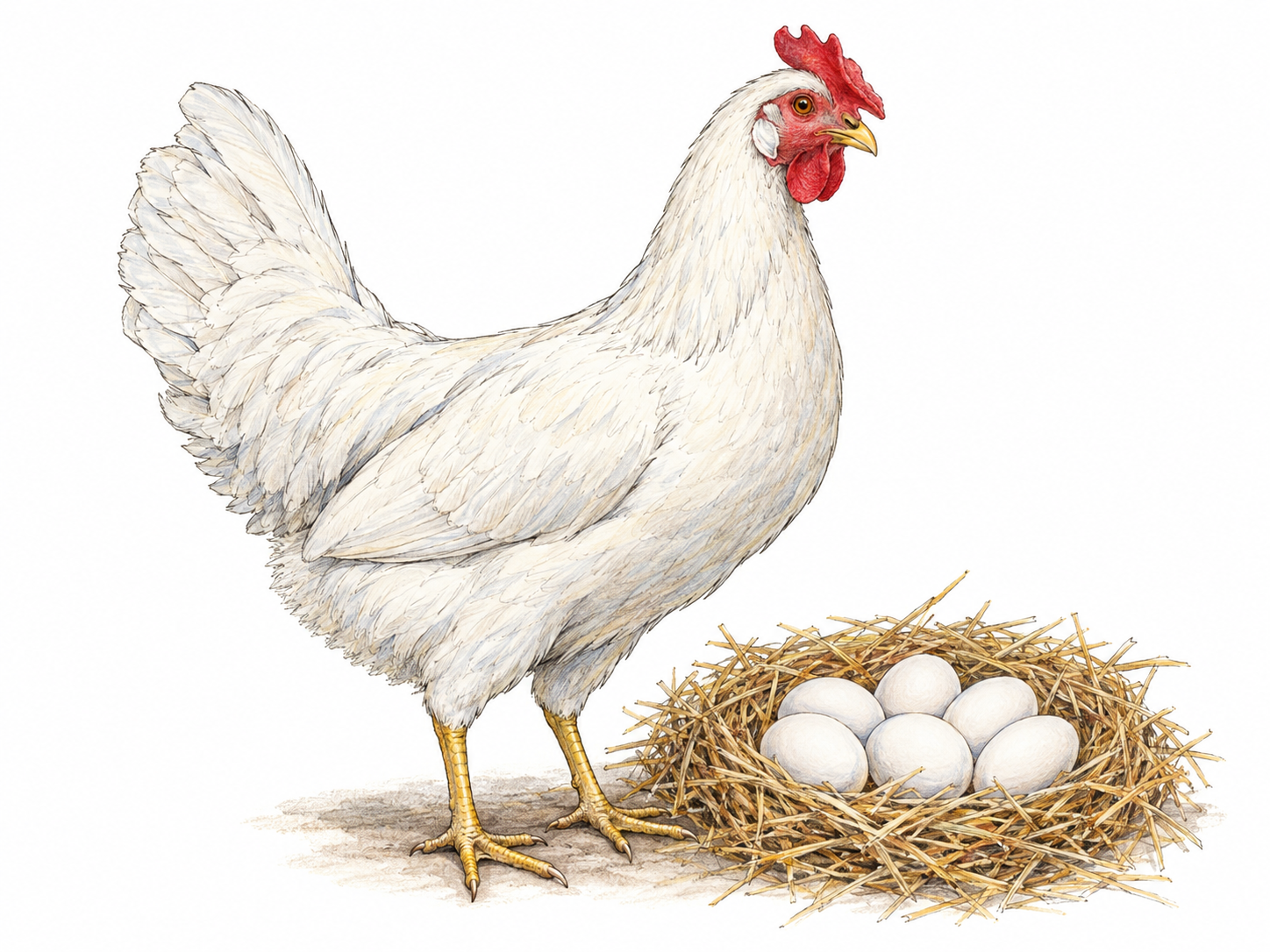 A white Leghorn hen beside a straw nest containing several white eggs, showing recognizable breed features and emphasizing its egg-laying association.