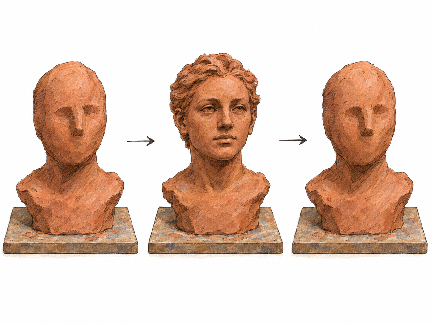 A compact, text-free sequence shows the same clay bust in three successive states: a rudimentary head, a fully modeled face, then the original rudimentary head again.