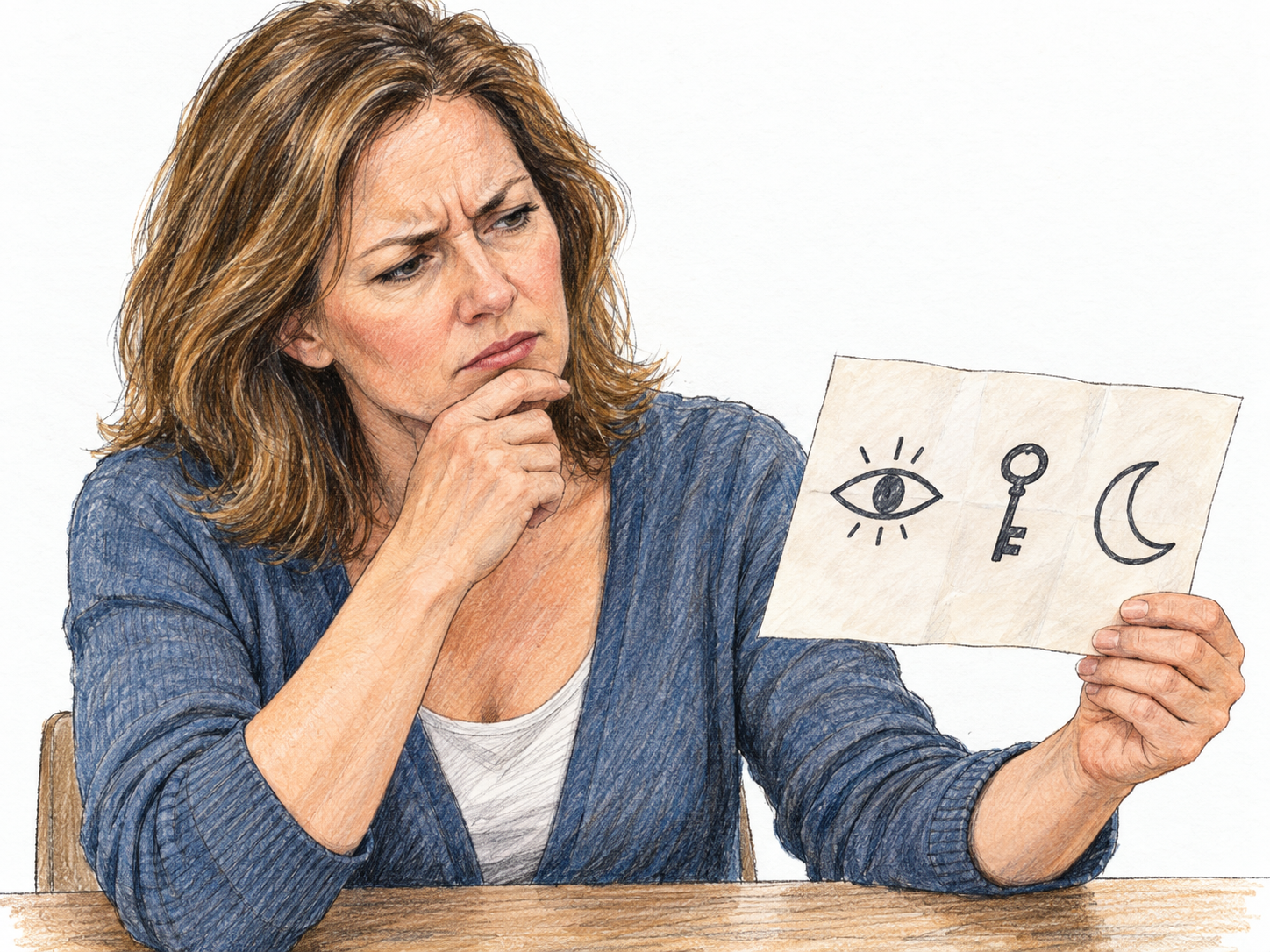 A puzzled reader studies an enigmatic pictographic message whose familiar symbols have no obvious connection.