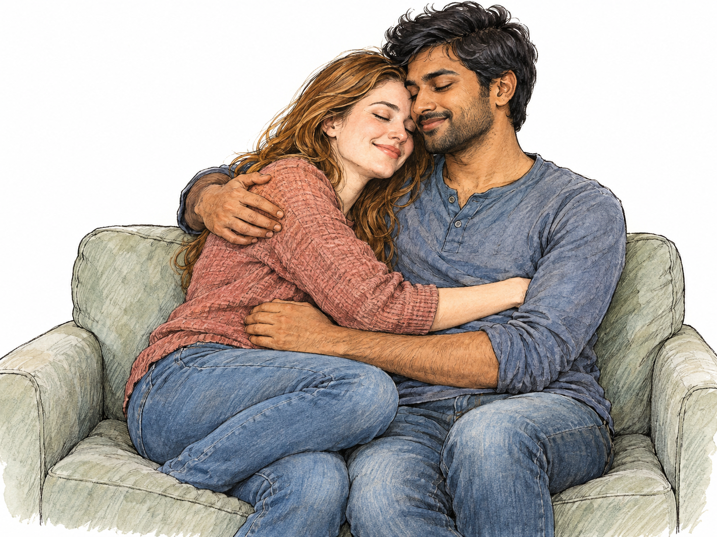 A young adult couple nestled together on a small sofa, holding each other closely with relaxed smiles and their cheeks touching.