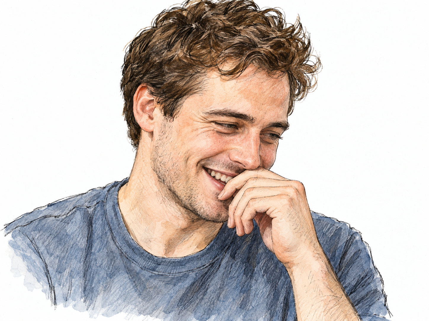 A close view of a young man softly laughing into loosely curled fingers, with crinkled eyes, gently lifted cheeks and a small open smile rather than a wide, boisterous laugh.