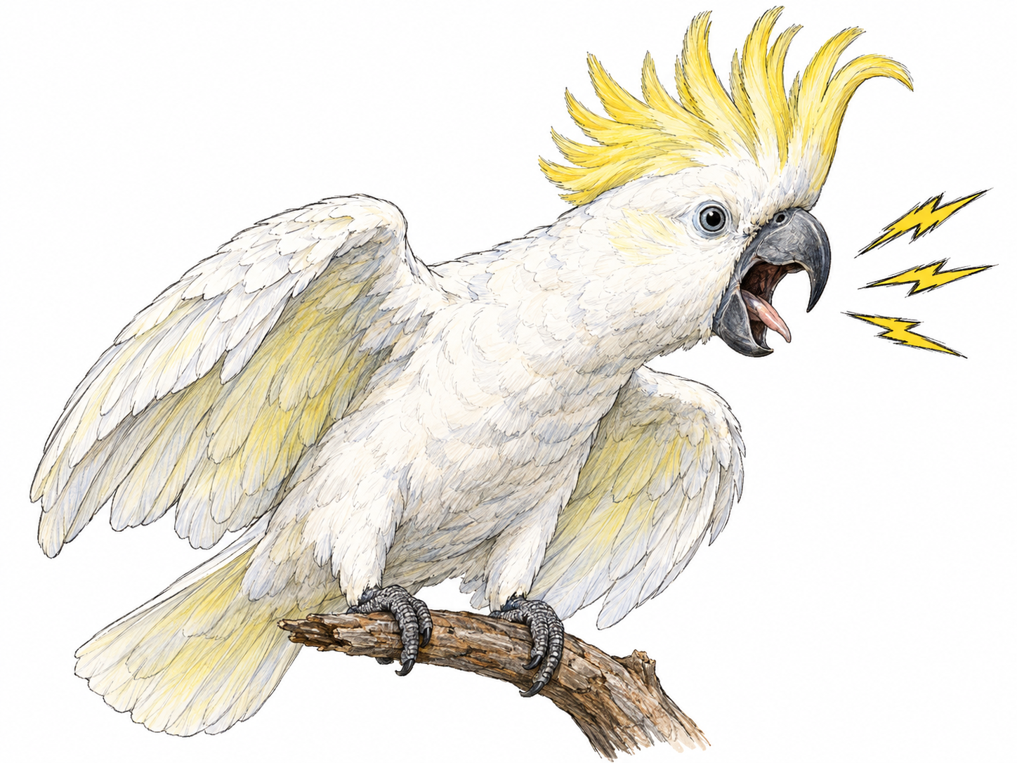 A cockatoo gives a harsh, forceful cry from a bare branch, its beak wide open, crest raised and wings slightly flared.