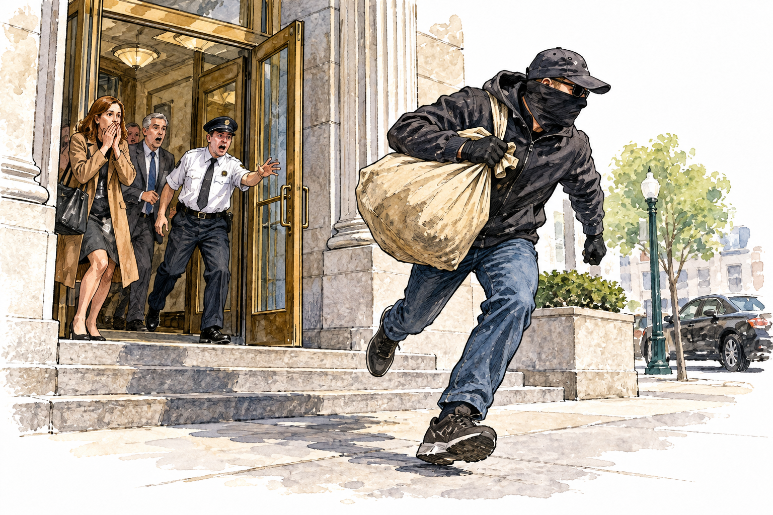 A fictional robbery aftermath: masked adult flees a bank entrance carrying a sack while witnesses react; no weapons or procedural details, no lettering.