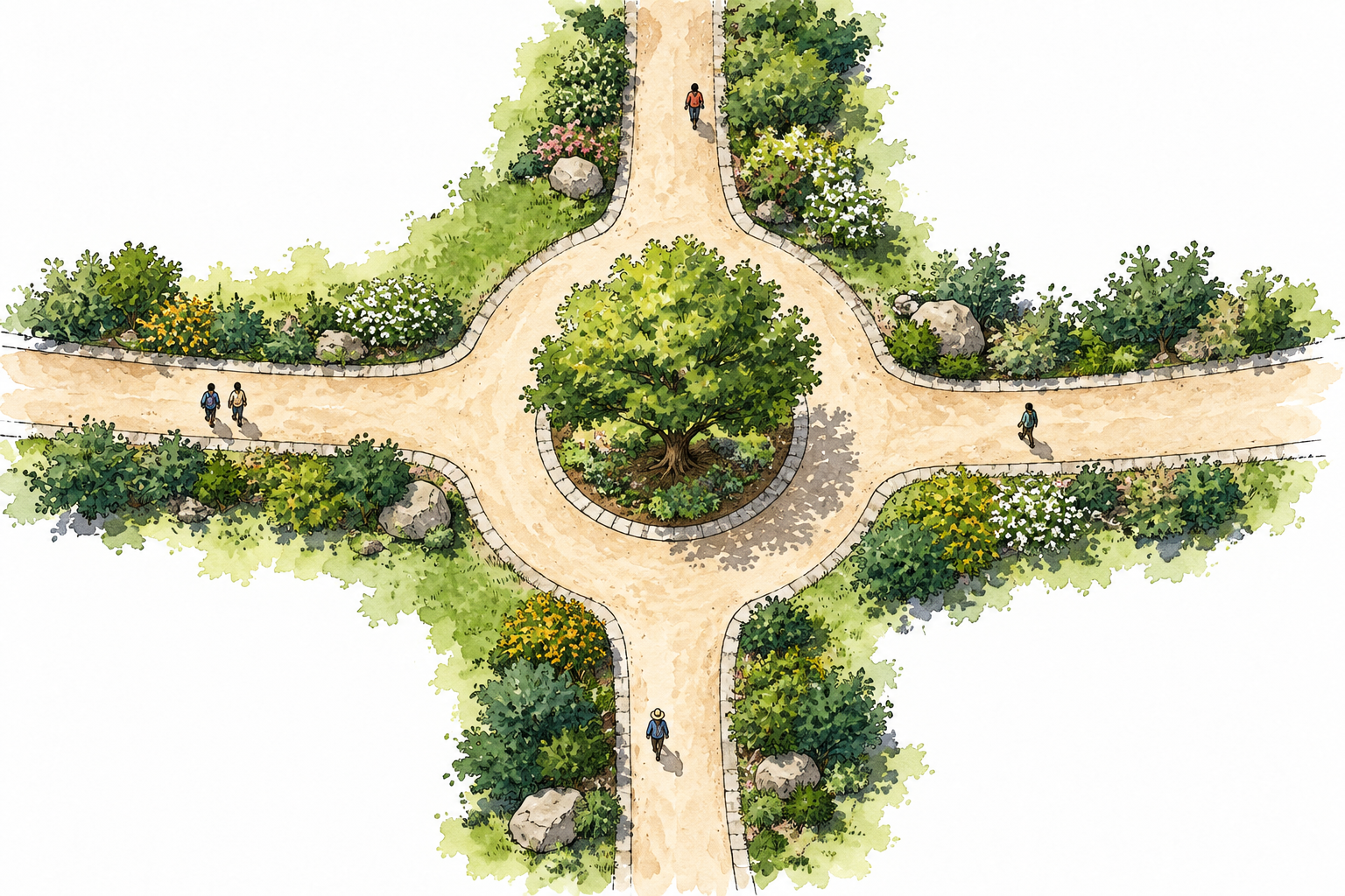 Overhead garden paths converge at one distinct round central plaza with a single tree; four clear paths approach that same meeting point from different directions.
