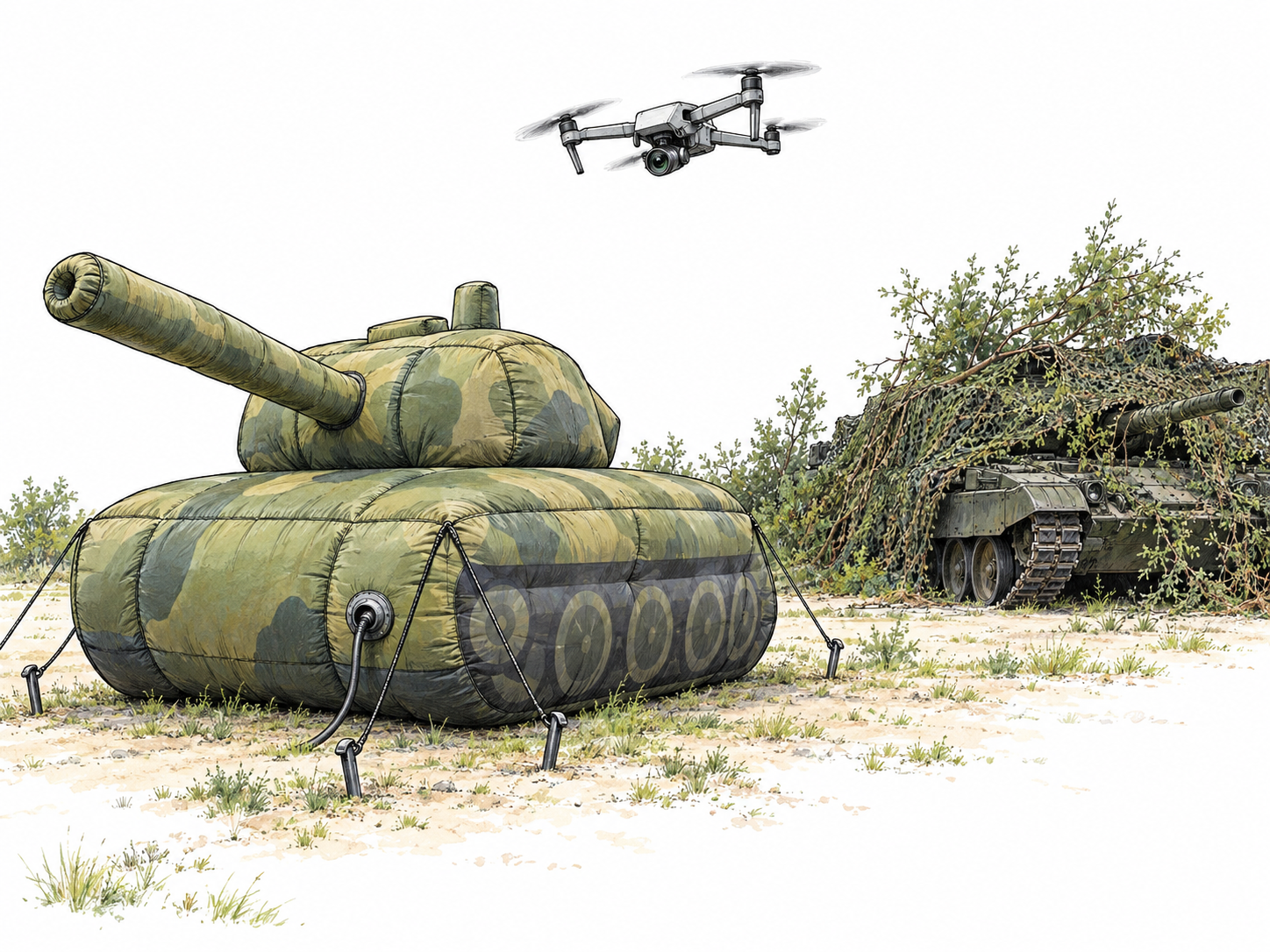 An inflatable dummy tank draws a surveillance drone away from a real tank concealed nearby.