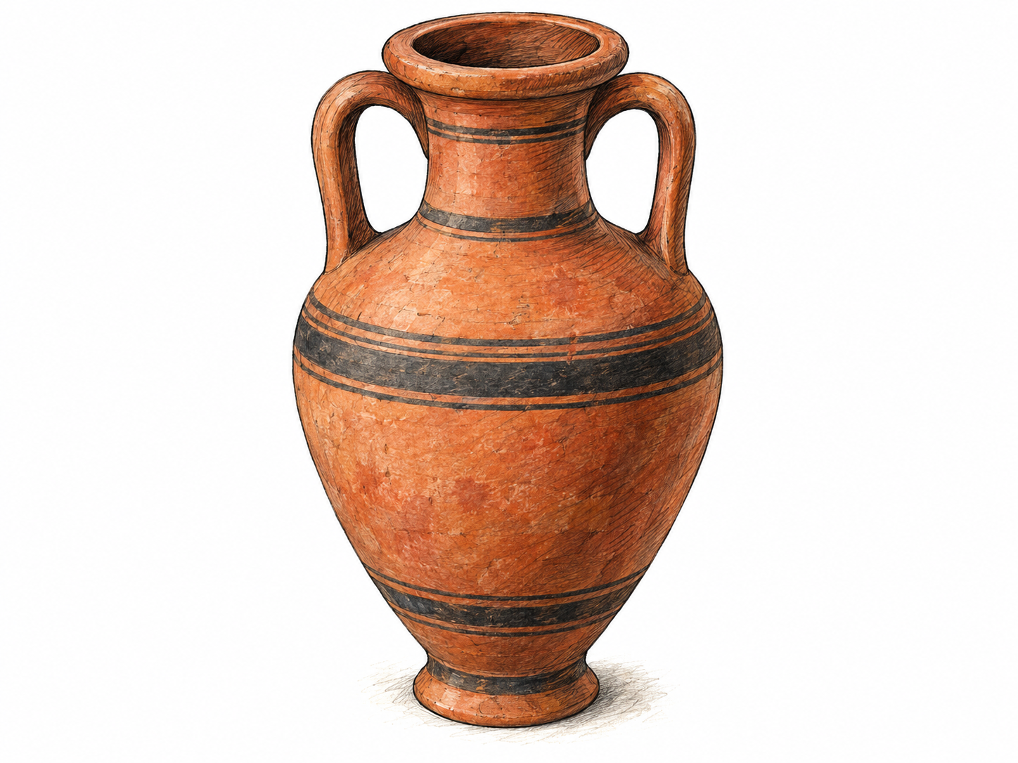 A single ancient terracotta amphora, shown upright in a clear three-quarter view, with a narrow neck, open mouth, rounded elongated body, and two opposing loop handles connecting the neck to the shoulders.