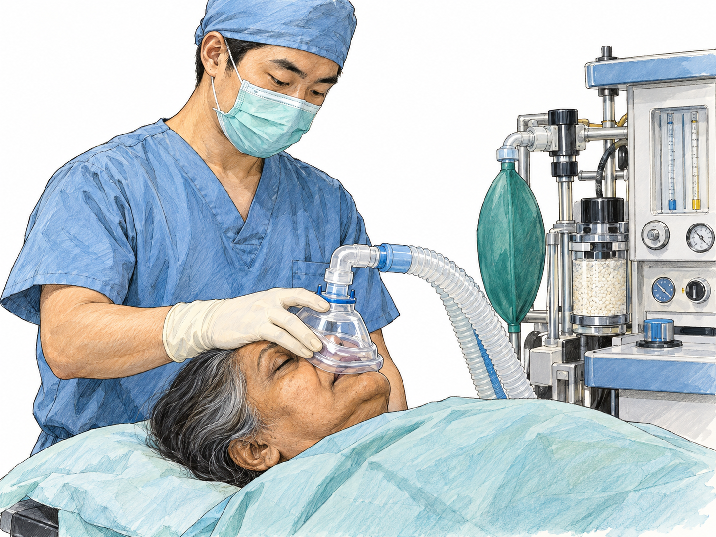 An older patient lies peacefully on an operating table while an anesthetist holds a fitted anesthesia mask connected to an anesthesia machine over her nose and mouth.