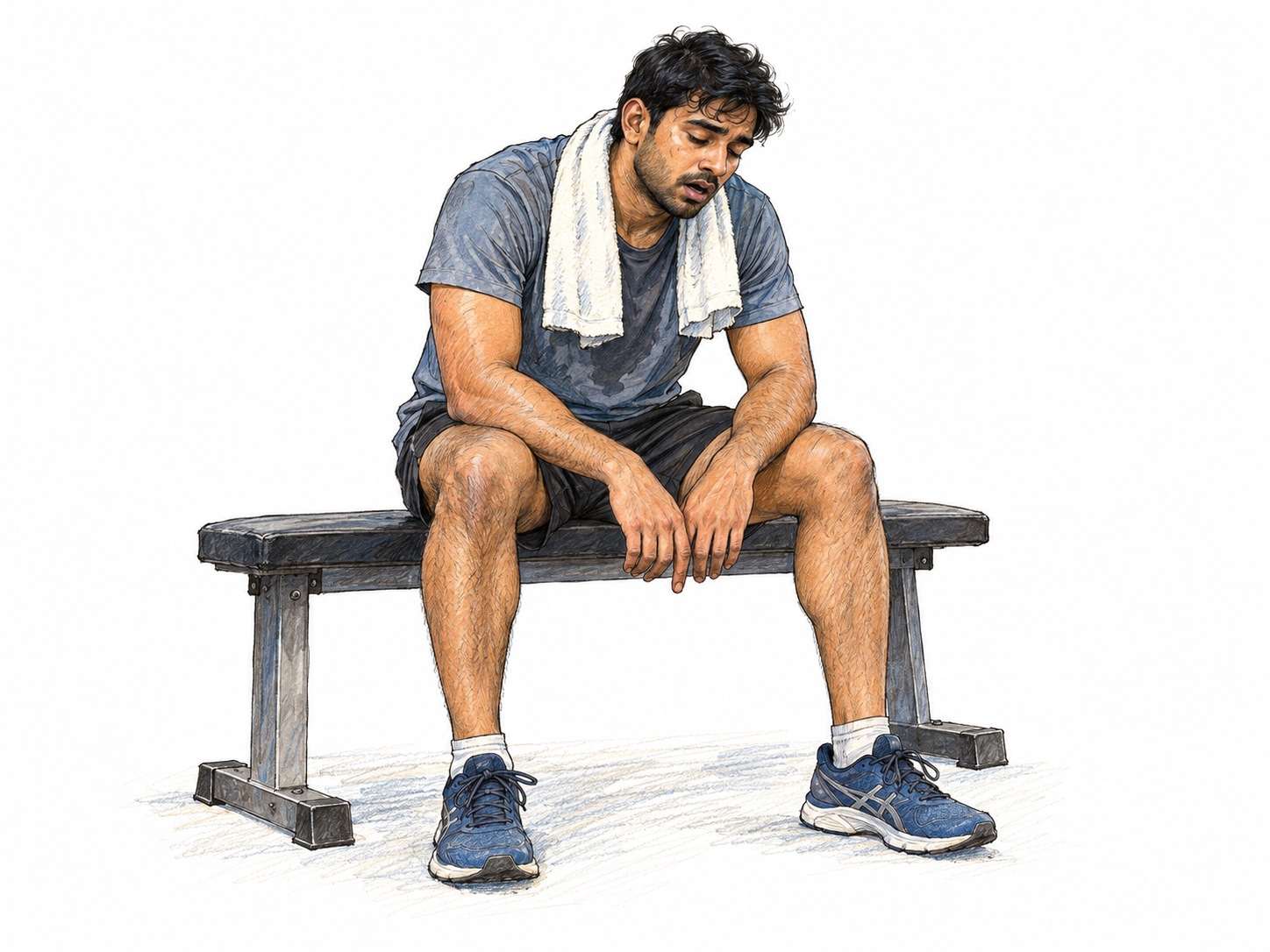 A thoroughly exhausted young adult rests on a simple bench after exercise, shoulders sagging, hands hanging loosely between his knees, and eyes nearly closed.
