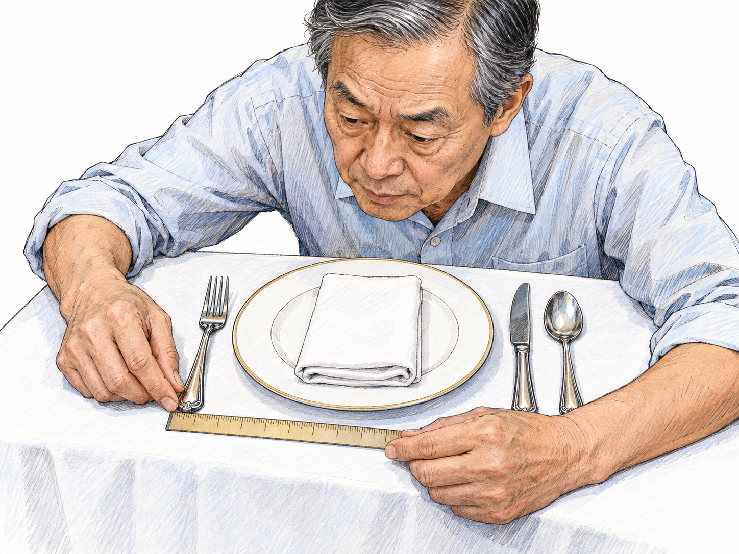 An older man meticulously adjusts a fork by a tiny amount against a ruler while setting an already immaculate formal dining place setting, making excessive attention to etiquette and minute details visible.