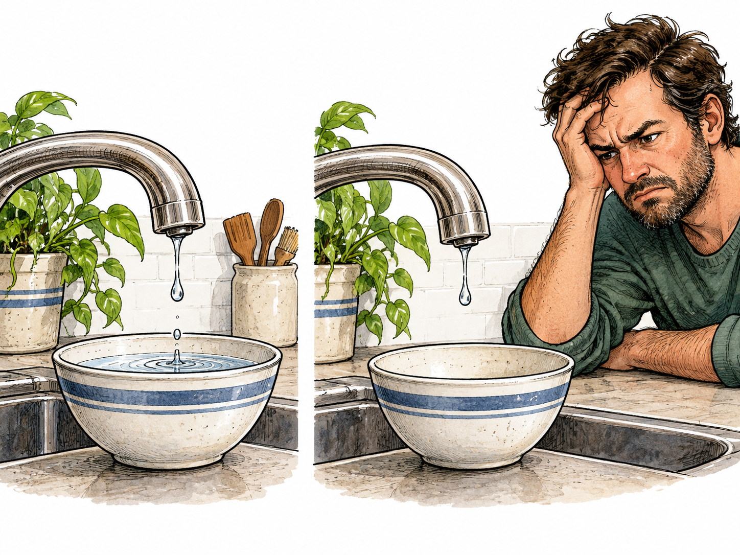Two successive moments show water dripping again from the same kitchen faucet into a bowl, with the bowl emptied between events and the same adult resident looking frustrated in the later moment.