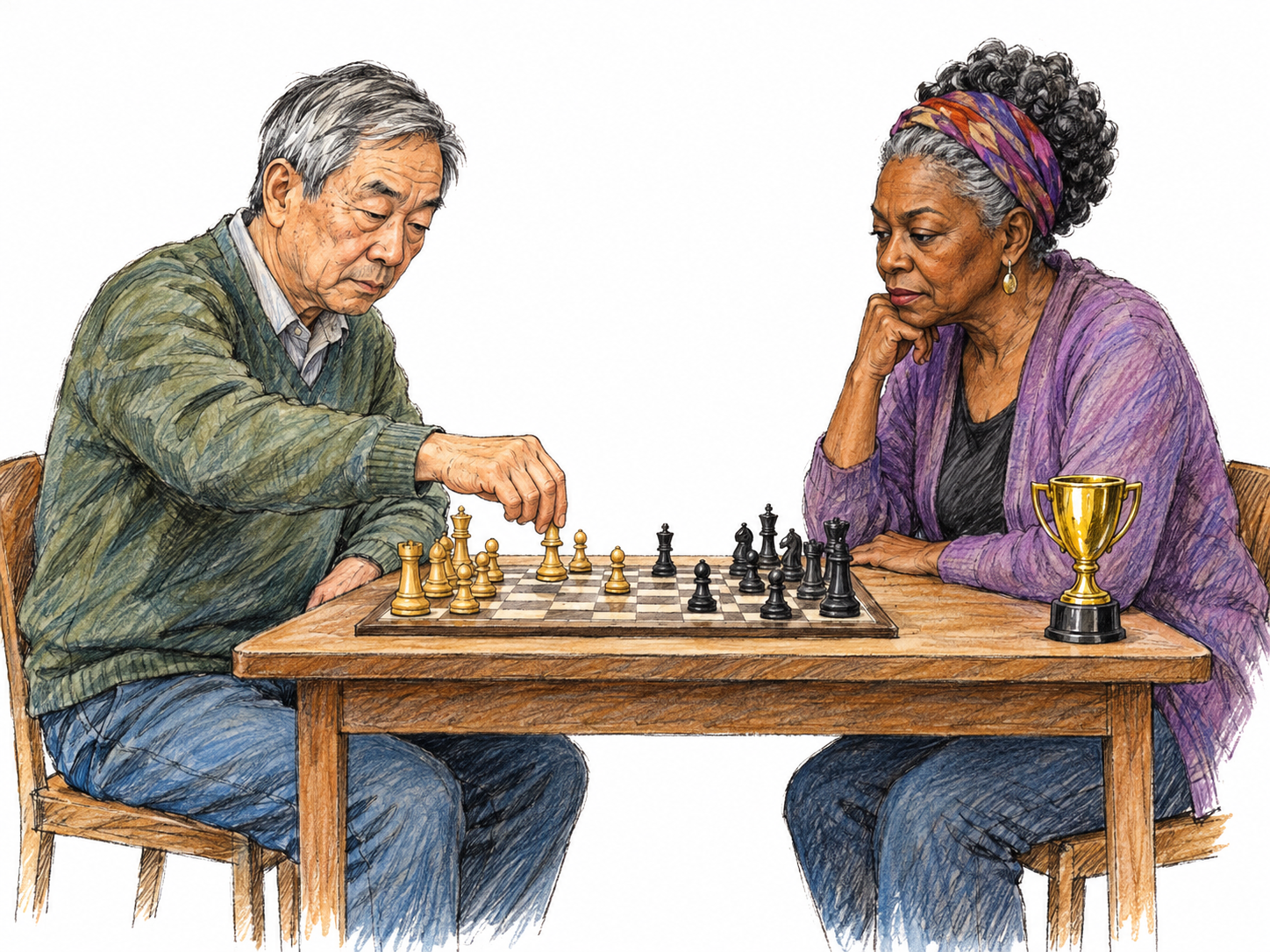 An older challenger makes a move against the reigning champion in a chess match.