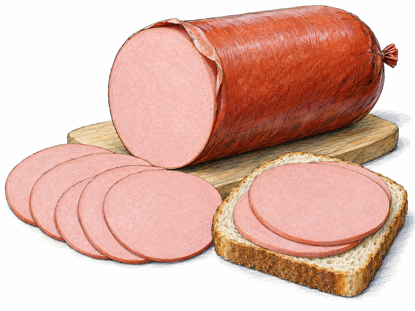 A large bologna sausage with its smooth pink cut face exposed, several thin round slices fanned beside it, and a simple open sandwich showing the same slices.