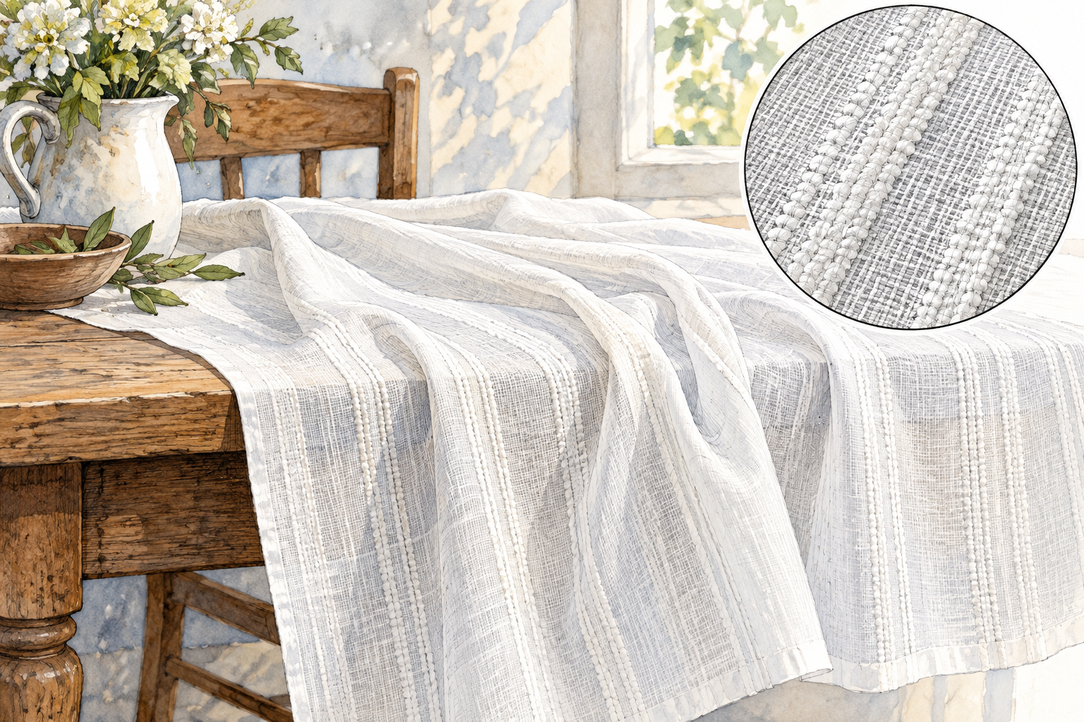 Lightweight white cotton dimity cloth draped on table showing raised woven stripes, close texture inset without labels.