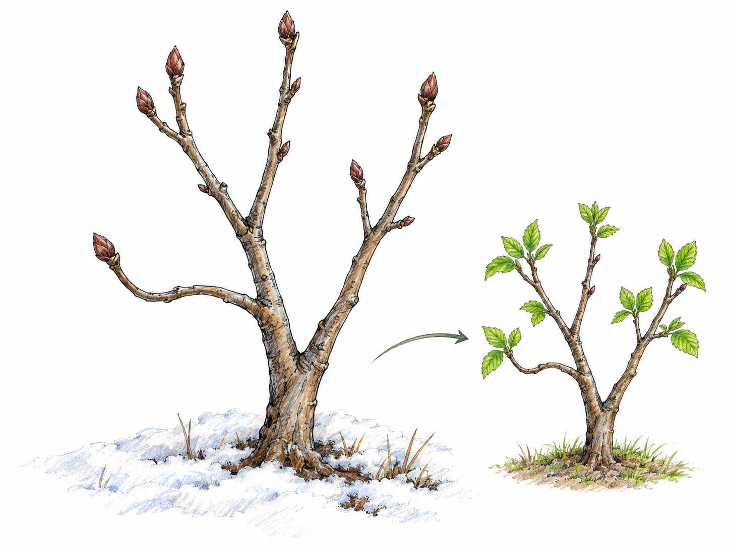 A dormant deciduous sapling in winter, with bare branches and tightly closed living buds, paired with a smaller spring view of the same sapling leafing out.
