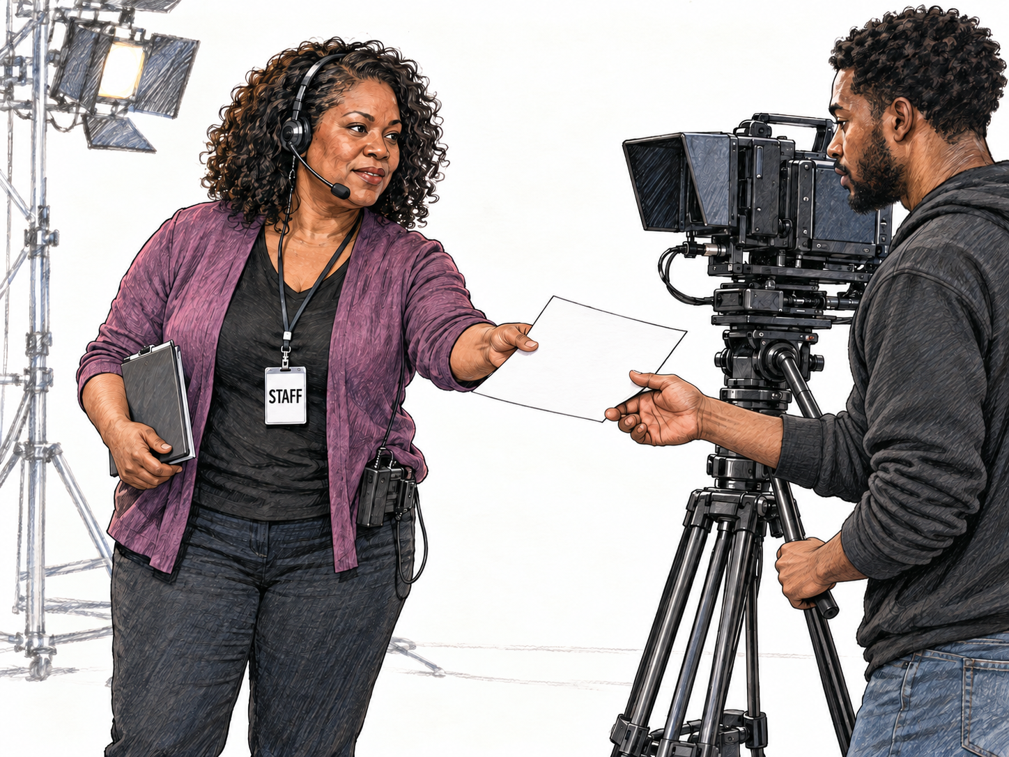 A television-news production staffer wearing a headset and a functional STAFF badge hands a rundown to a colleague beside a studio camera, clearly placing her within a media organization's workforce rather than as a guest.