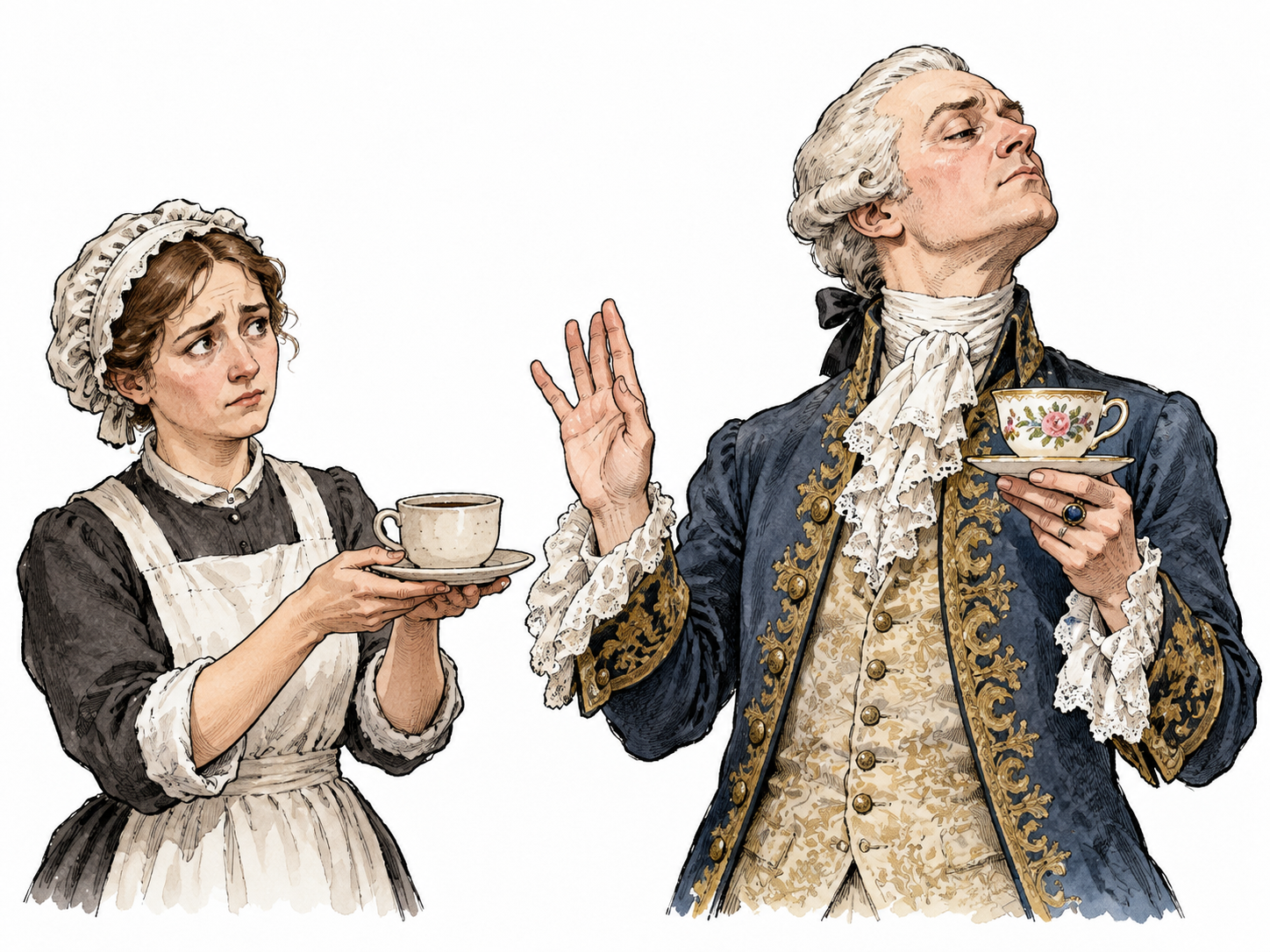A haughty wealthy white adult lifts their nose and dismisses a plain teacup while another person looks uncomfortable, no ethnic caricature.