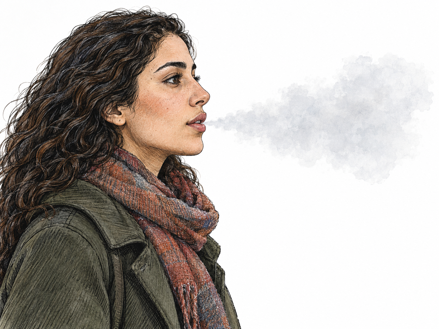 A young woman in profile breathes out into cold air, with a soft plume of condensed breath visibly emerging from her gently parted lips.