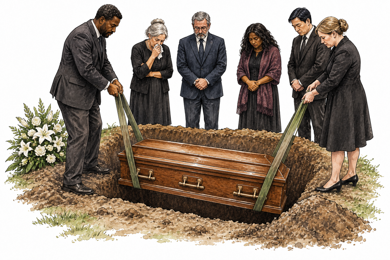 Respectful burial scene, closed wooden coffin being lowered into an earthen grave while diverse adult mourners stand solemnly; no visible body.