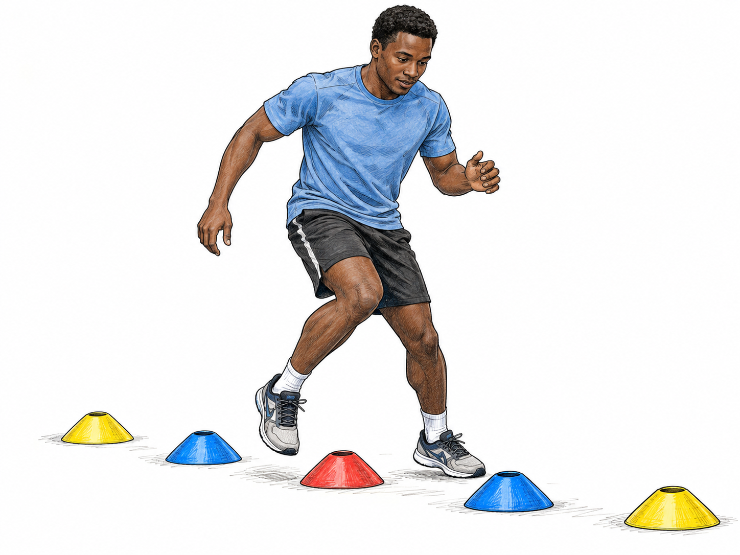 A nimble adult steps lightly between low balance-course markers with quick controlled footwork; plausible body mechanics, no dangerous stunt.