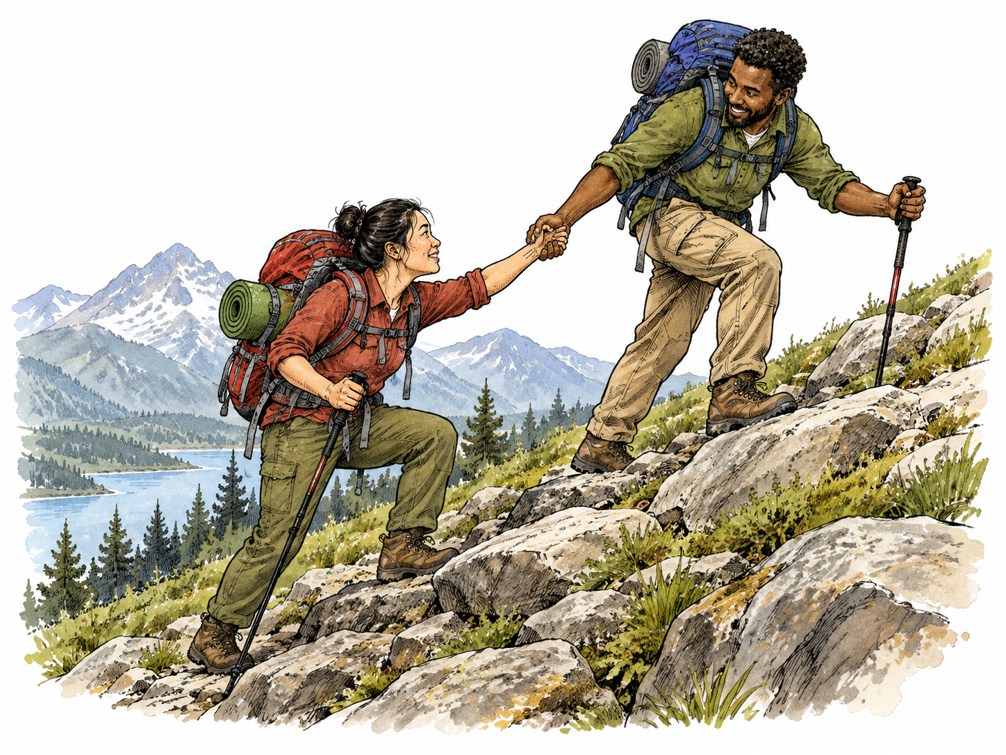 Two hikers of different ethnicities support each other carrying supplies uphill.