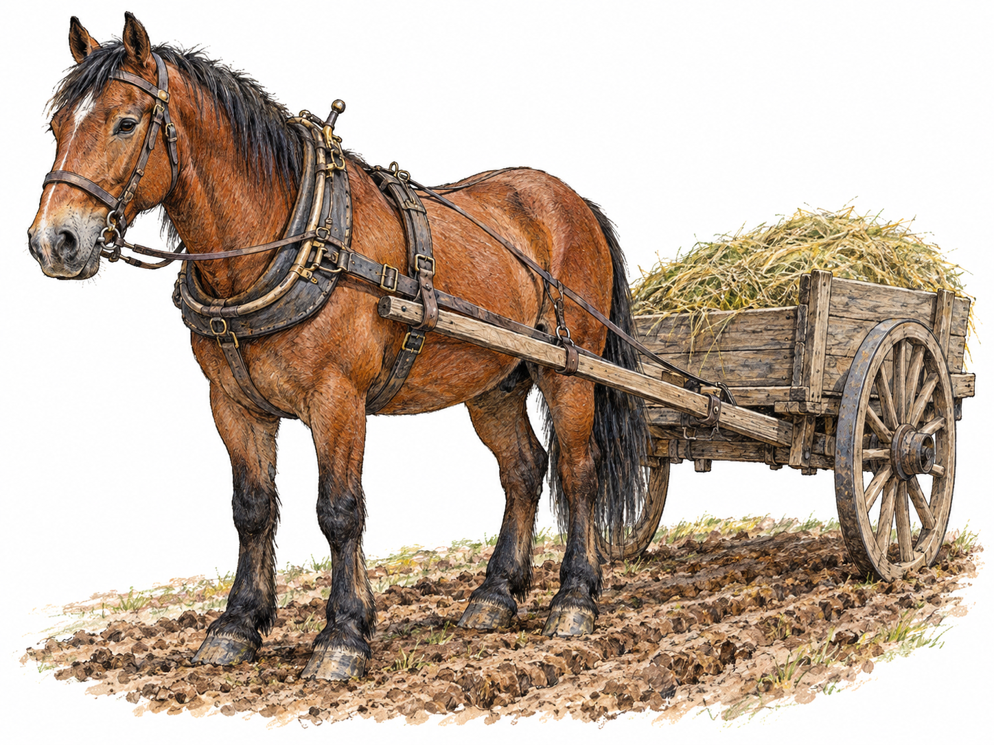 A sturdy, slightly aging farm horse stands patiently in worn working harness, hitched to a simple wooden cart carrying hay beside a small patch of furrowed soil.