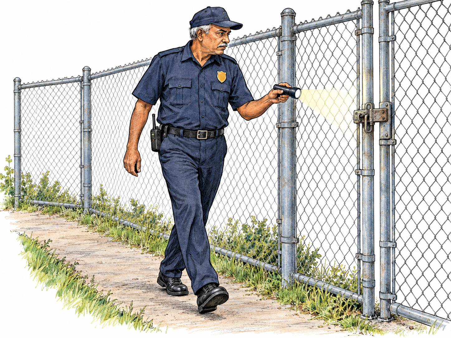 An older security guard walks along the inside of a perimeter fence, turning his flashlight and attentive gaze toward a closed gate as he passes it.