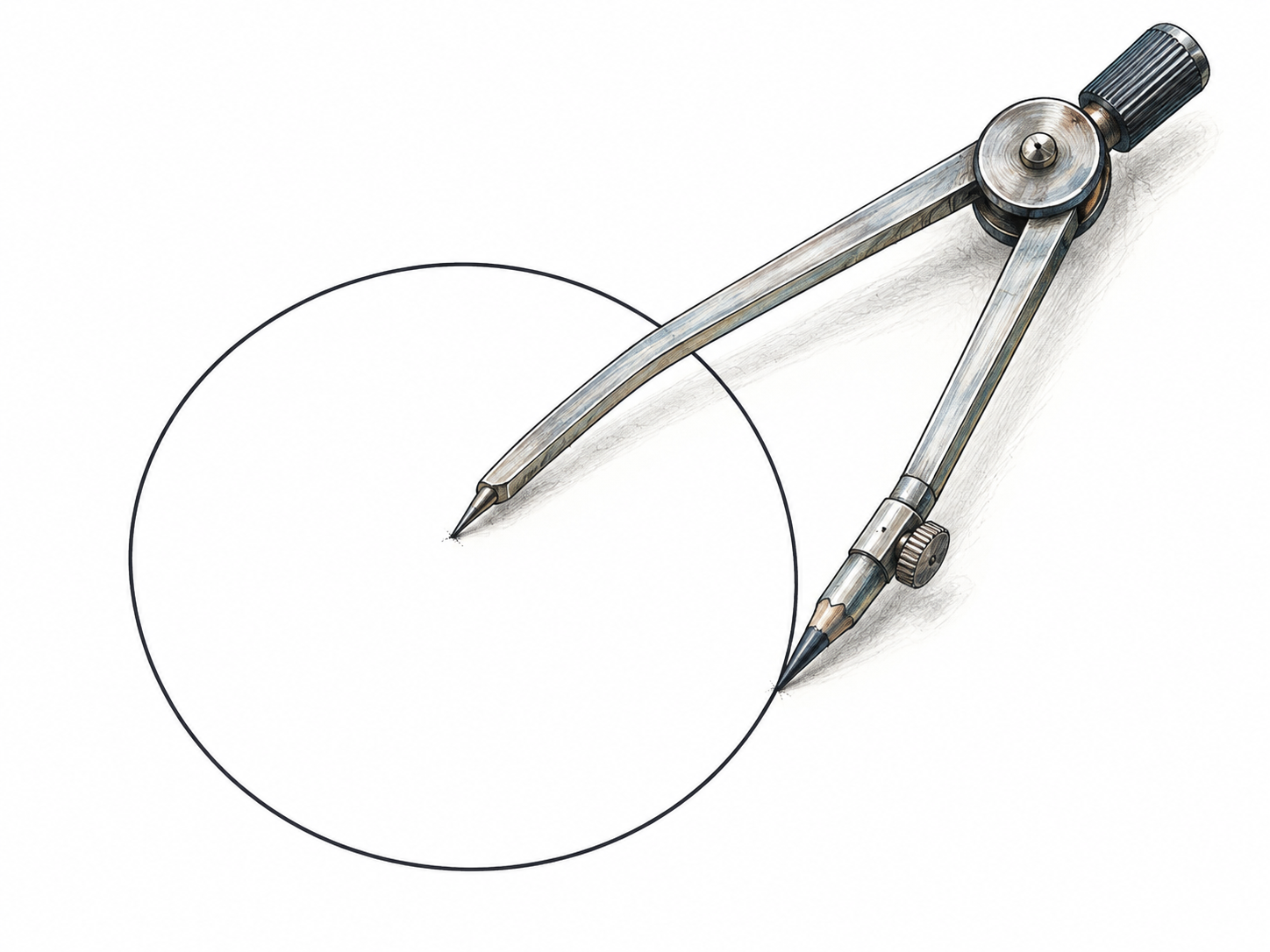 One clean perfectly round thin dark circle is drawn on plain white paper, with a drawing compass resting beside it and its tips set to the circle radius; no letters, numbers, arrows, other shapes or labels.