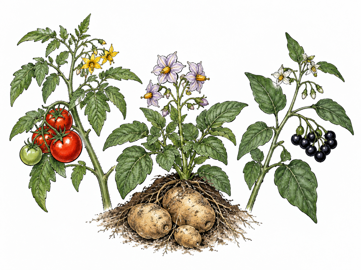 Botanical grouping of tomato, potato flower and a dark-berried nightshade sprig as related plants, no consumption scene.