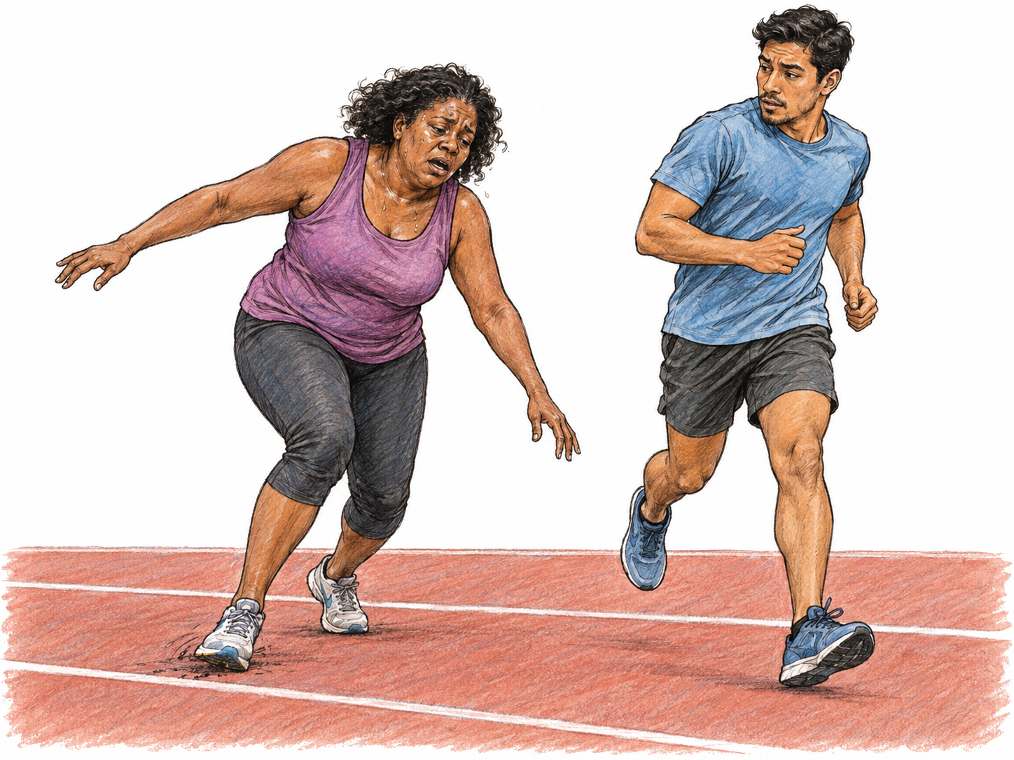 An exhausted runner falters mid-stride: her knee buckles, her torso sags sideways, and her arms spread unevenly as she struggles to keep moving.