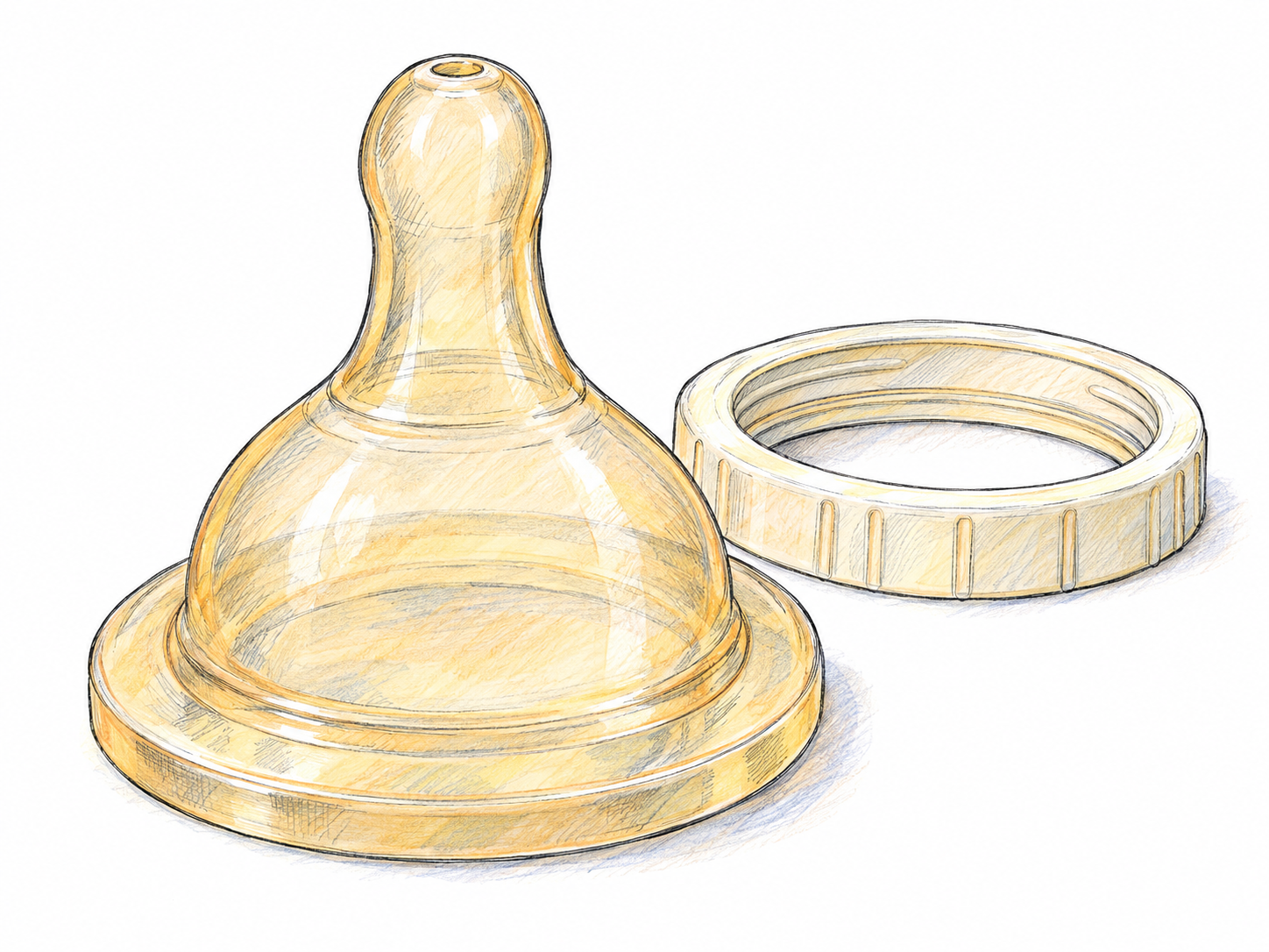 Close-up product-style view of a baby-bottle silicone teat, detached and upright beside the bottle's retaining ring, with its nipple shape and tiny tip opening clearly visible.