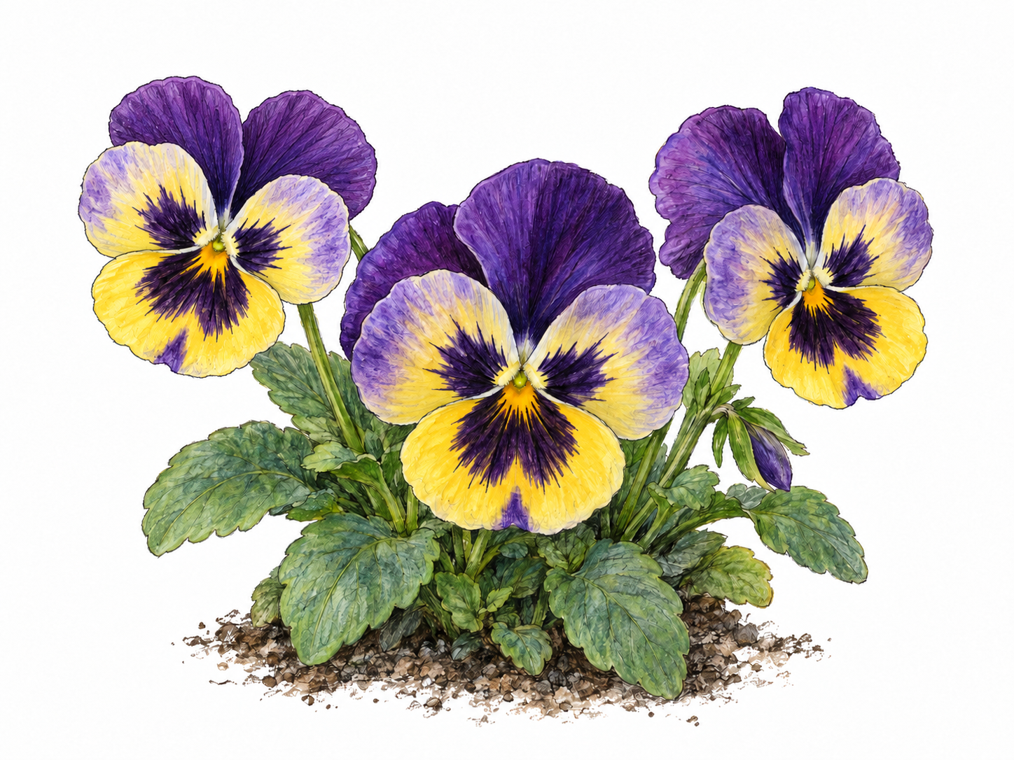 Botanical portrait of one compact garden pansy plant with three open purple-and-yellow flowers and several green leaves.