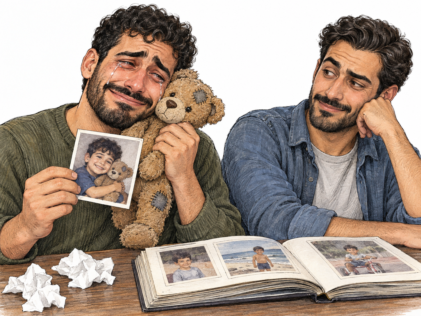A young man becomes extravagantly tearful over a worn childhood teddy bear and childhood photographs, pressing the bear to his cheek while a dry-eyed friend gives him an affectionate, bemused sideways look.