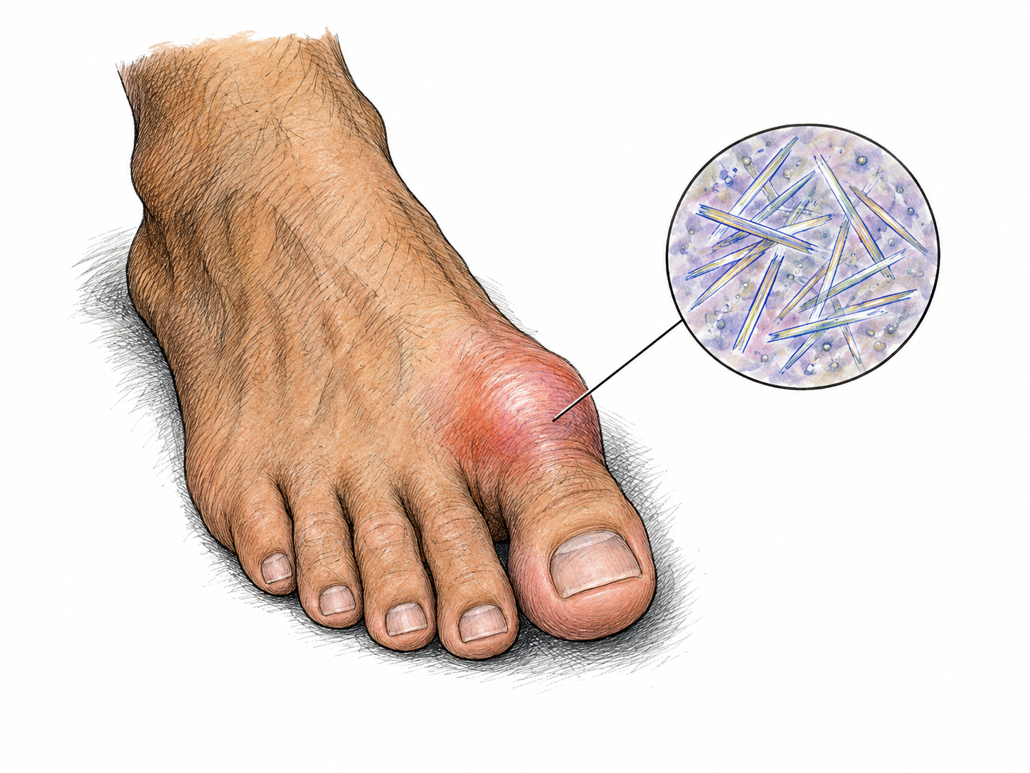 Clinical educational close view of adult bare foot with five anatomically correct toes, swollen red joint at base of big toe; small separate circular inset shows needle-like urate crystals in joint fluid.