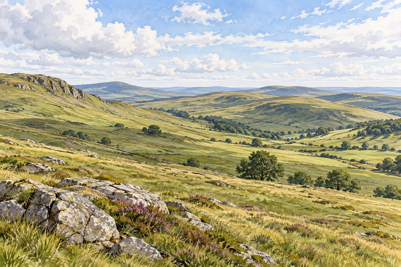 Open rolling high countryside with broad grass hills and sparse trees, no people.
