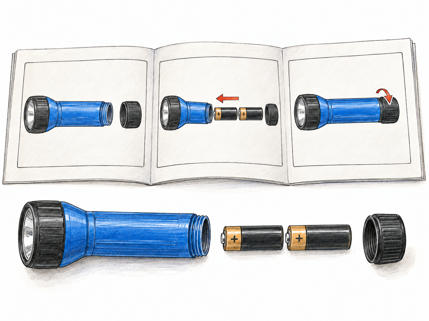 An open instruction booklet beside a disassembled flashlight, with clear sequential diagrams showing exactly how its two batteries and screw-on rear cap fit.