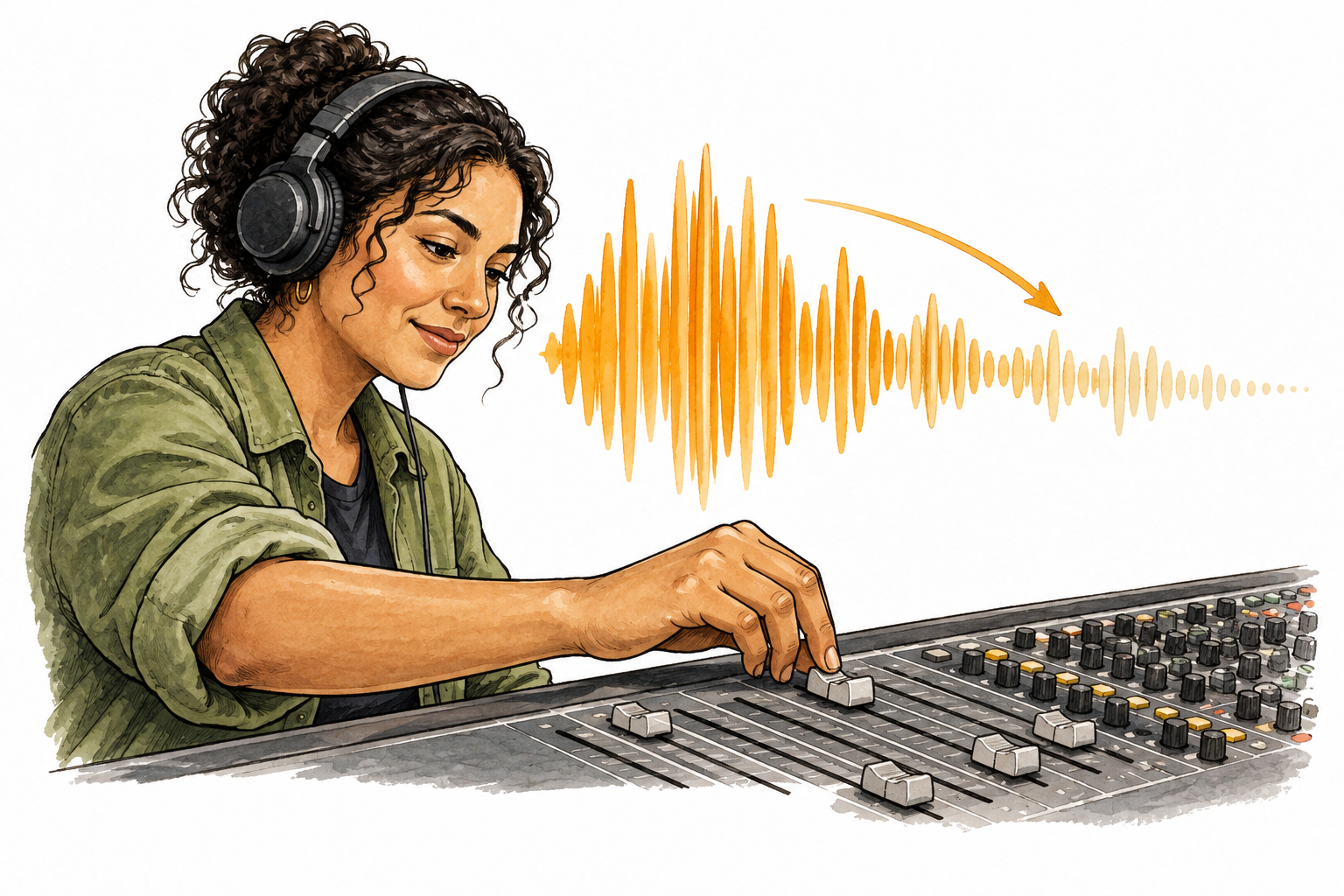A Latina sound technician gently adjusts a mixing-board fader, sound wave changes smoothly from loud to soft.