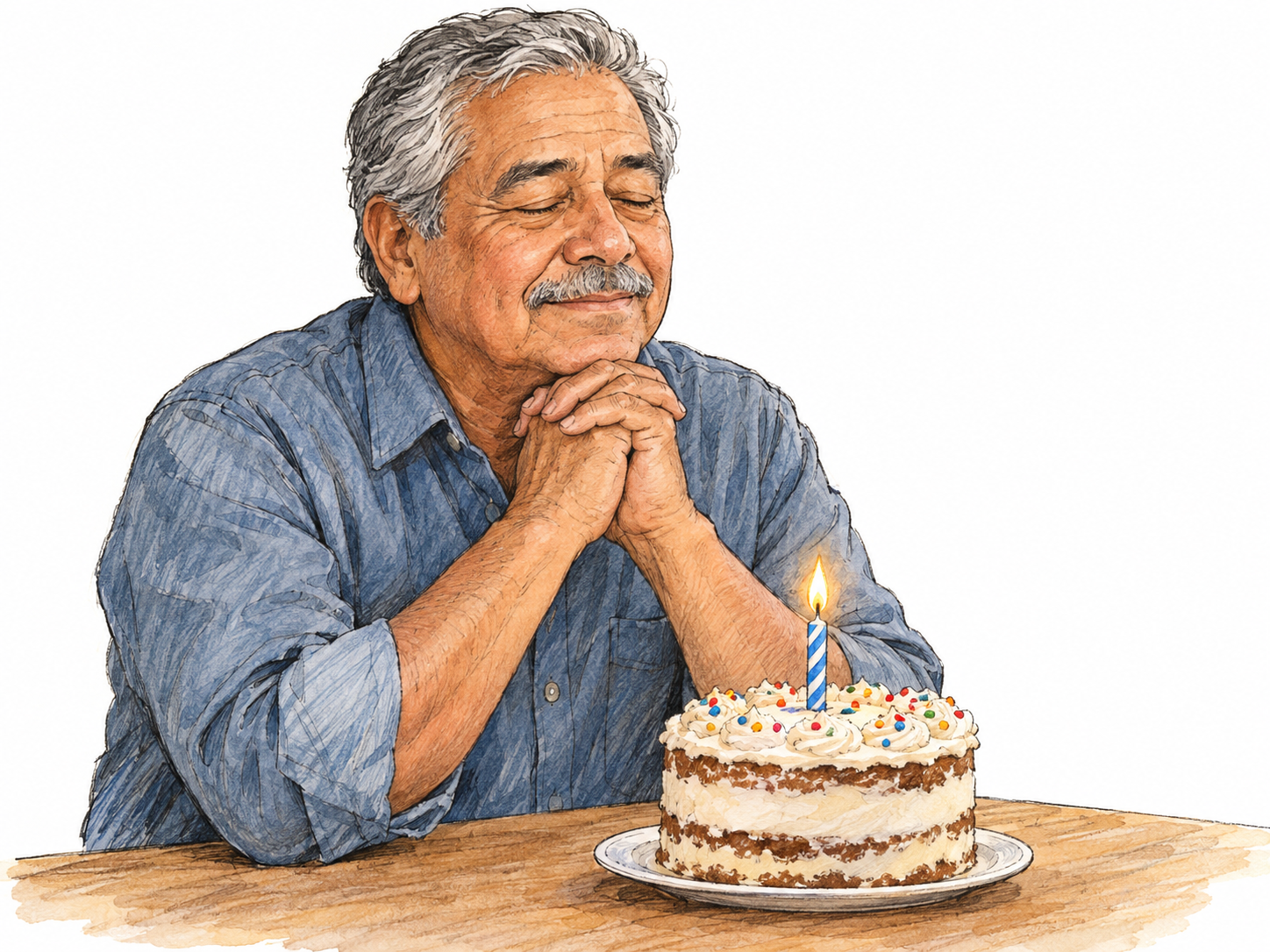 An older man pauses before a lit birthday cake, eyes gently closed and hands clasped beneath his chin in the familiar gesture of making a wish.