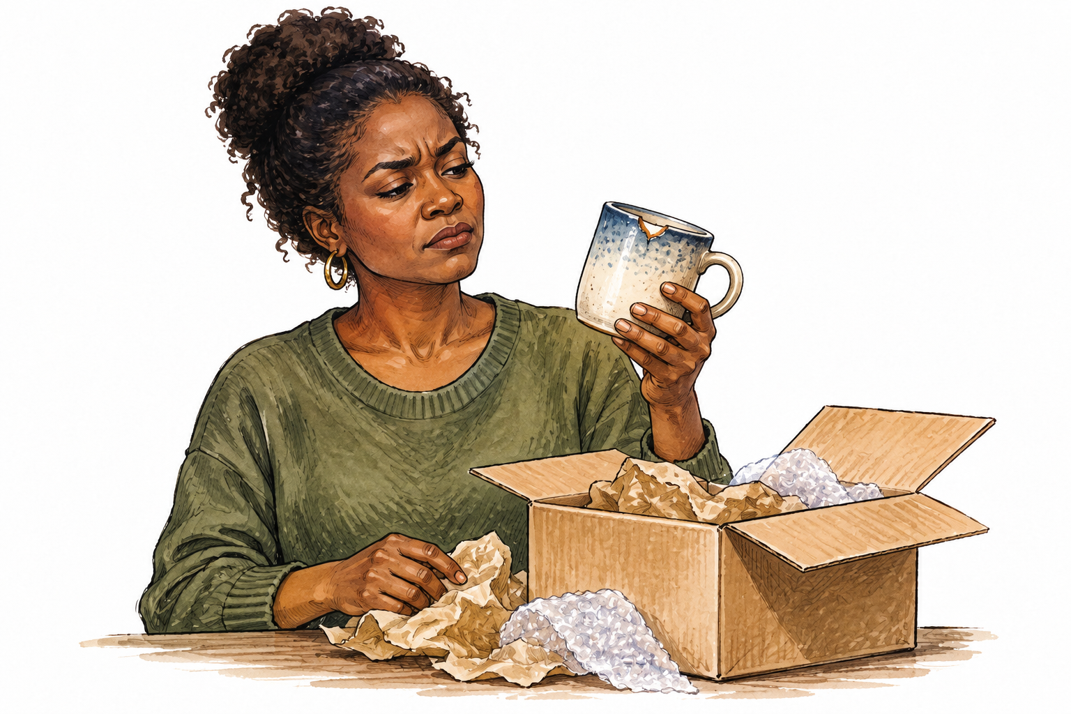 A Black adult expresses restrained dissatisfaction at a chipped delivered cup, clear displeasure without rage.