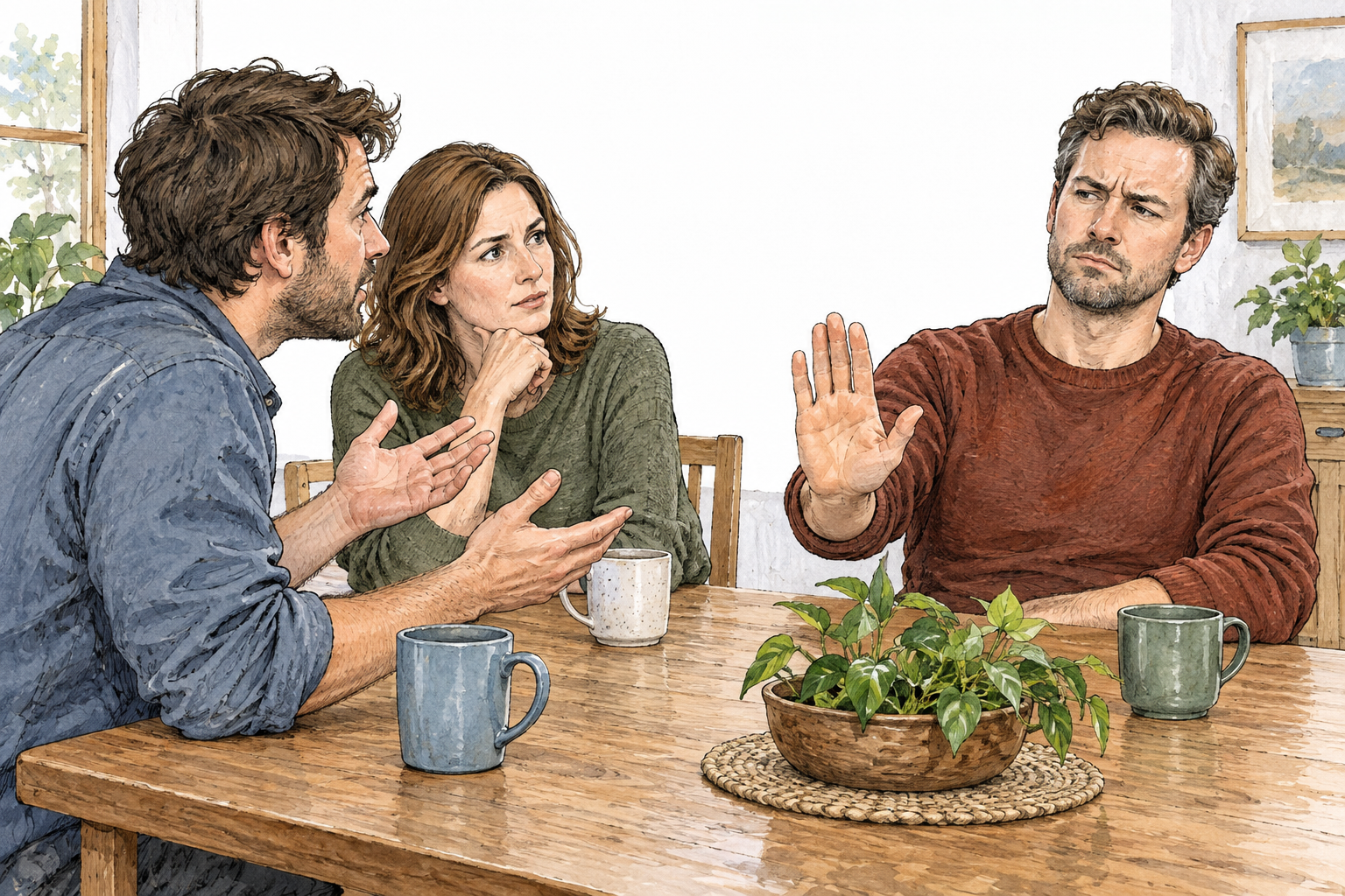 An adult firmly disputes a claim with a calm raised palm and skeptical expression during a small discussion, no text.