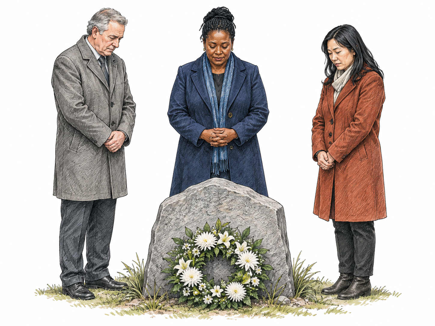 Three adults stand solemnly together around a wreath at a small uninscribed memorial stone; the central person leads a brief remembrance ceremony with hands respectfully clasped; no flags or writing.