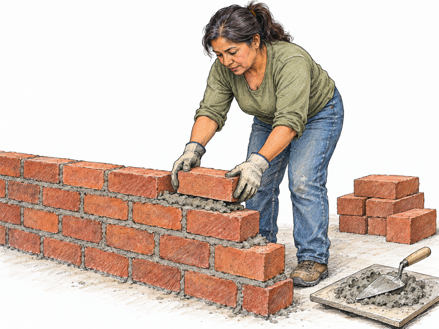 A woman builds a low brick wall, lowering a fresh brick onto a visible bed of mortar at its unfinished end.