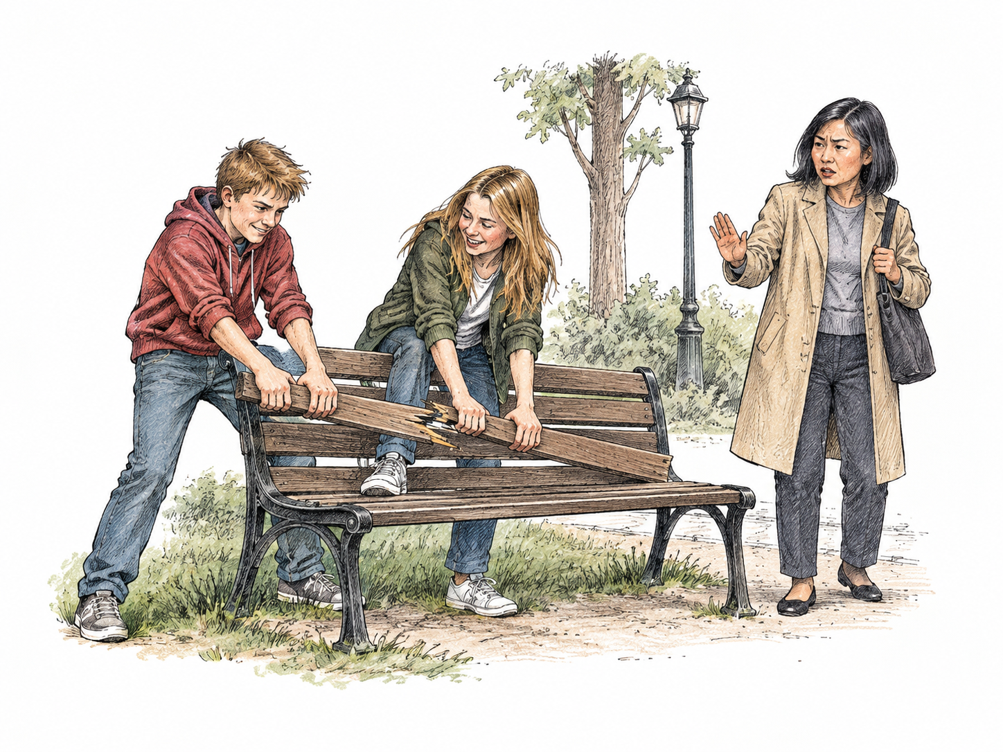 Two teenagers mischievously damage a public park bench by snapping a slat while a nearby adult reacts with disapproval; minor antisocial wrongdoing, no weapons or stereotypes, no graffiti text.