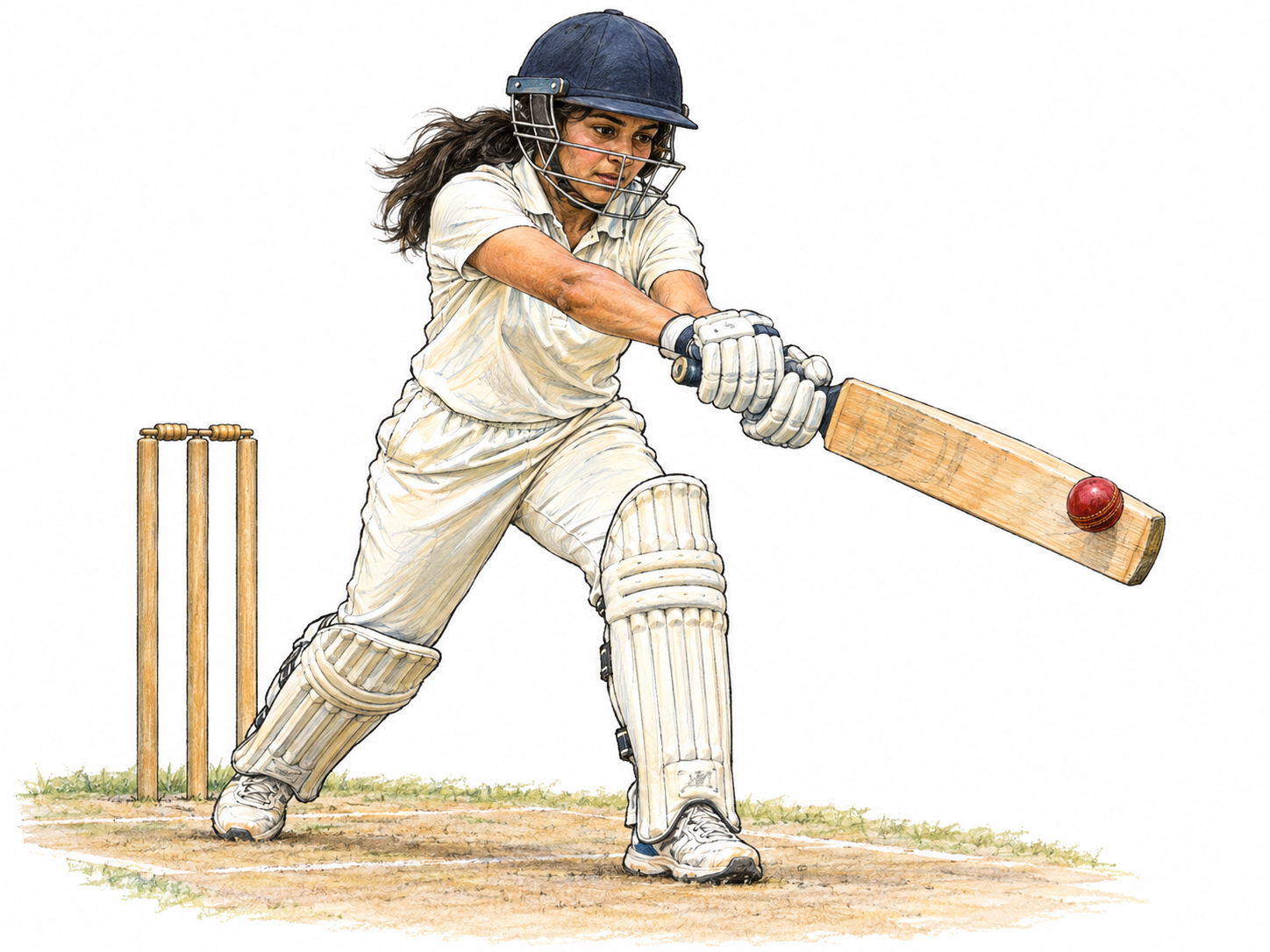 A cricket batter strikes a red ball with the flat face of her bat, with protective pads and a wicket making the sport immediately recognizable.