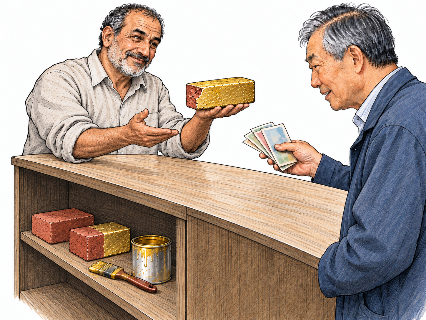 A dishonest market seller offers a supposedly solid-gold bar to a customer while concealing ordinary bricks and gold paint beneath his counter.