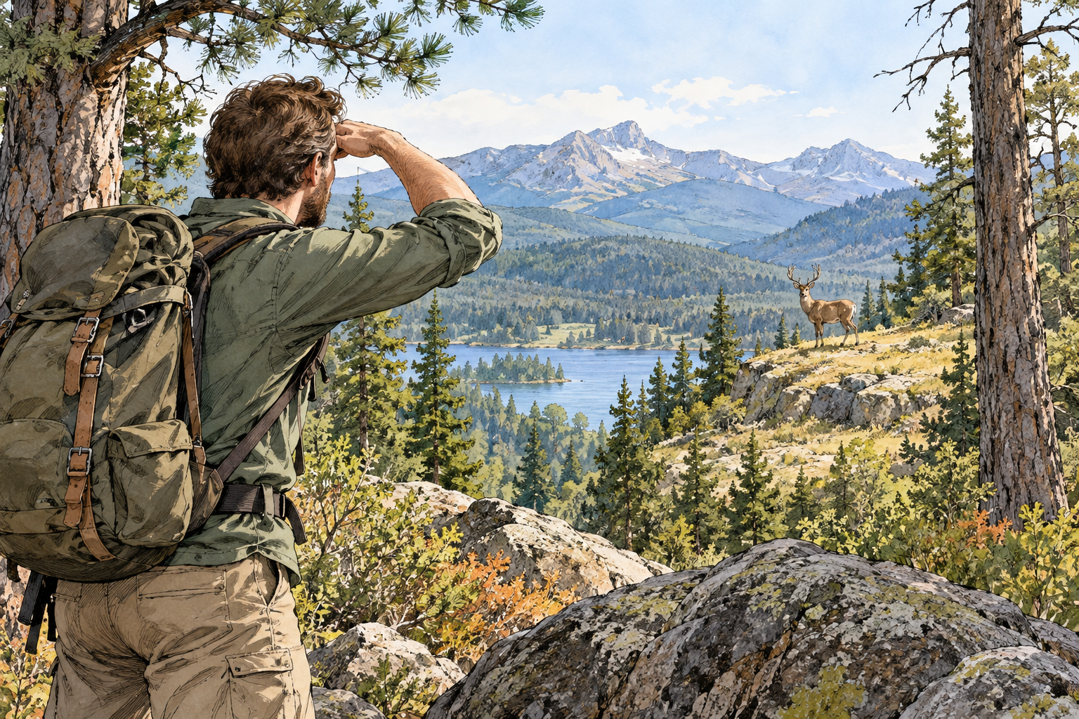A hiker catches sight of a distant deer through a gap in trees, hand raised to shade eyes, discovery from afar.