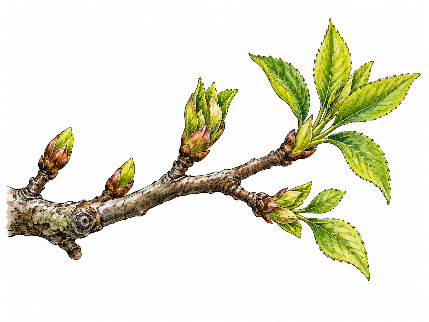 Fresh green shoots emerging from a previously bare branch visibly manifest new growth, with a few buds opening; clean tangible sign of renewal.