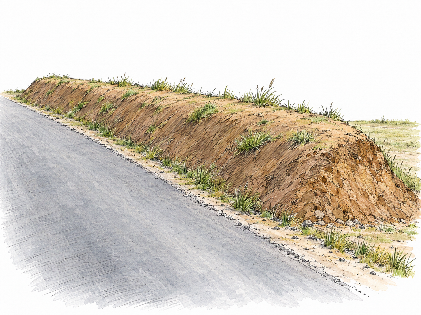 A low, continuous bank of compacted earth runs parallel to a short stretch of road.