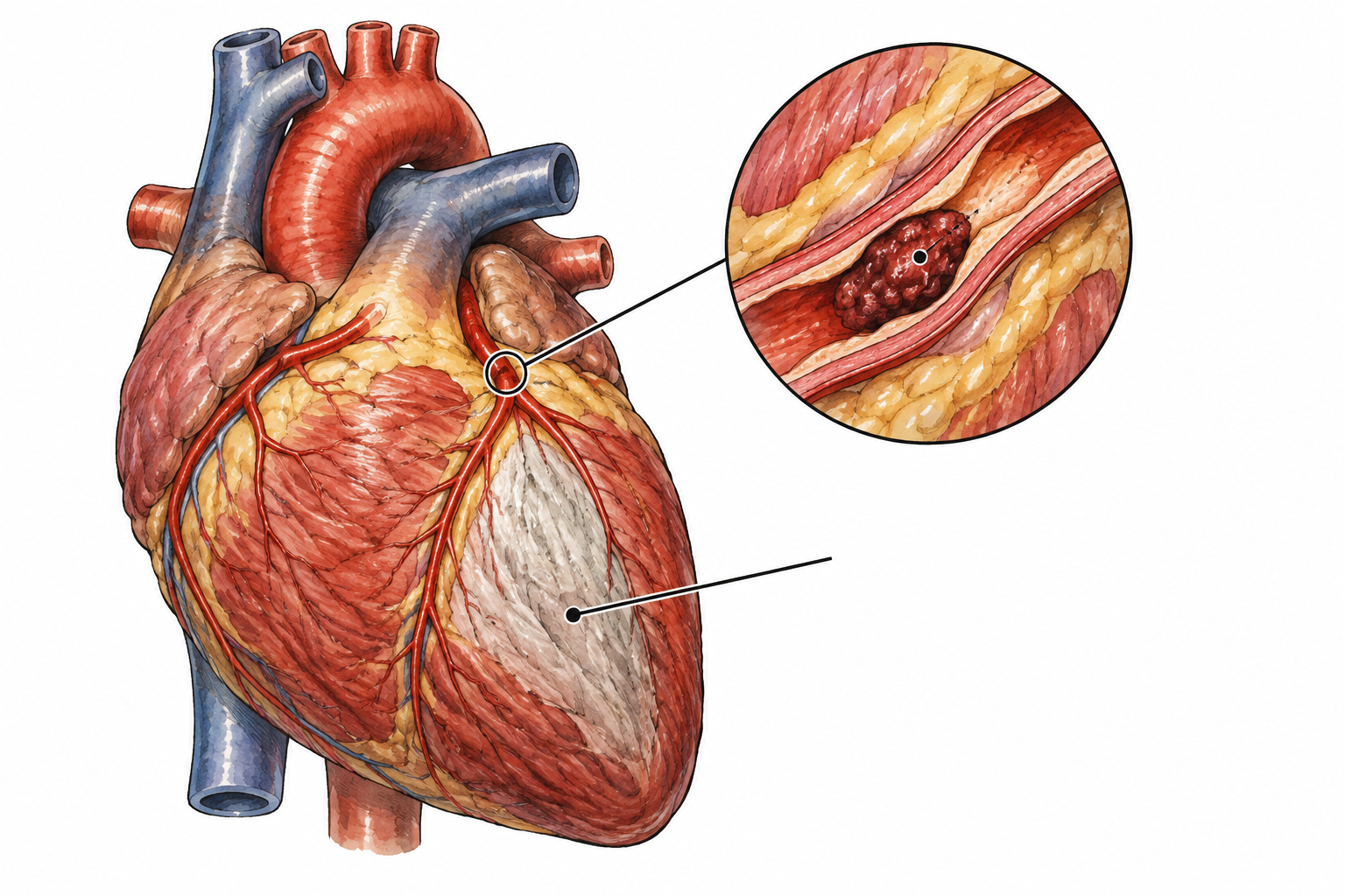 Educational heart cross-section: one coronary vessel blocked by a small clot, downstream wedge of dead heart tissue pale gray contrasted with healthy red muscle.