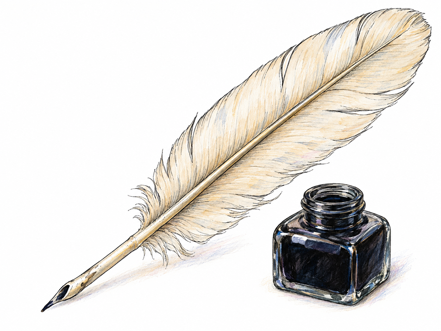 A single large feather made into a quill pen rests diagonally beside a small open inkwell, with its hollow shaft and cut writing nib clearly visible.