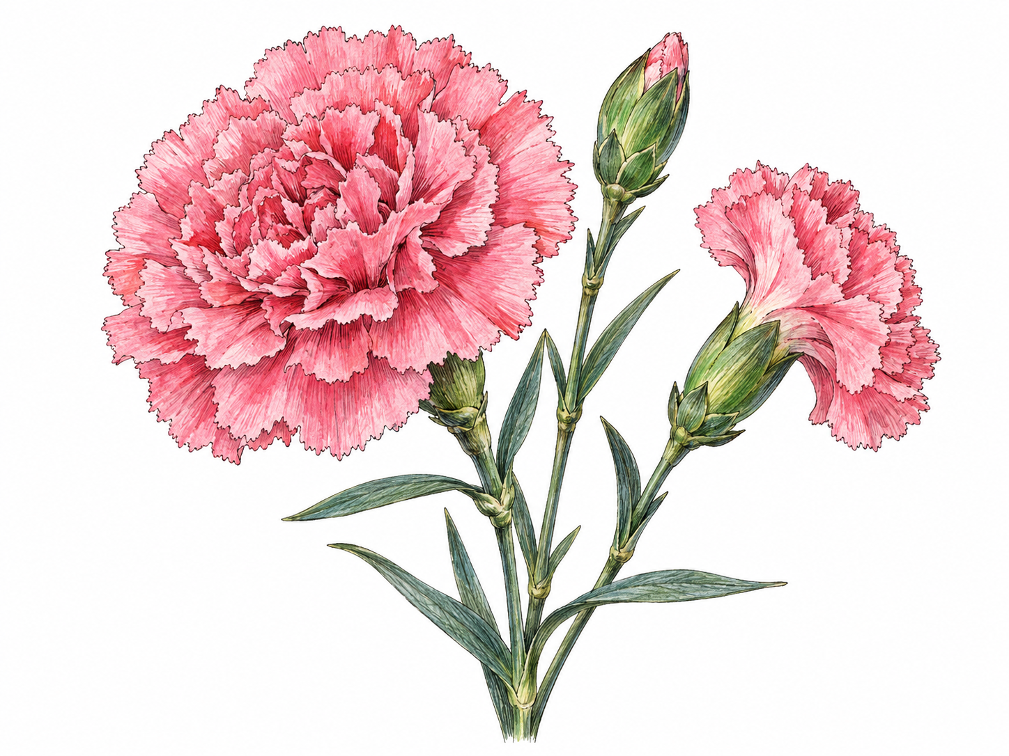 A close botanical view of a cultivated pink carnation, showing its densely ruffled, finely fringed petals, tubular green calyx, jointed stem and narrow blue-green leaves.